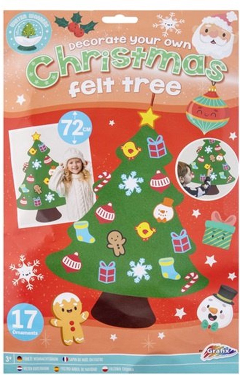 Vilten kerstboom voor kinderen | 72 CM hoog | Inclusief 17 figuurtjes om de kerstboom te versieren | Kinder Kerstboom